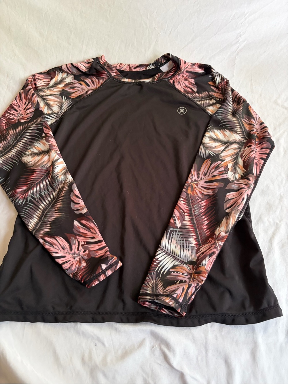 Hurley Womens Black Rash Guard with Pink Leaf-Print Sleeves